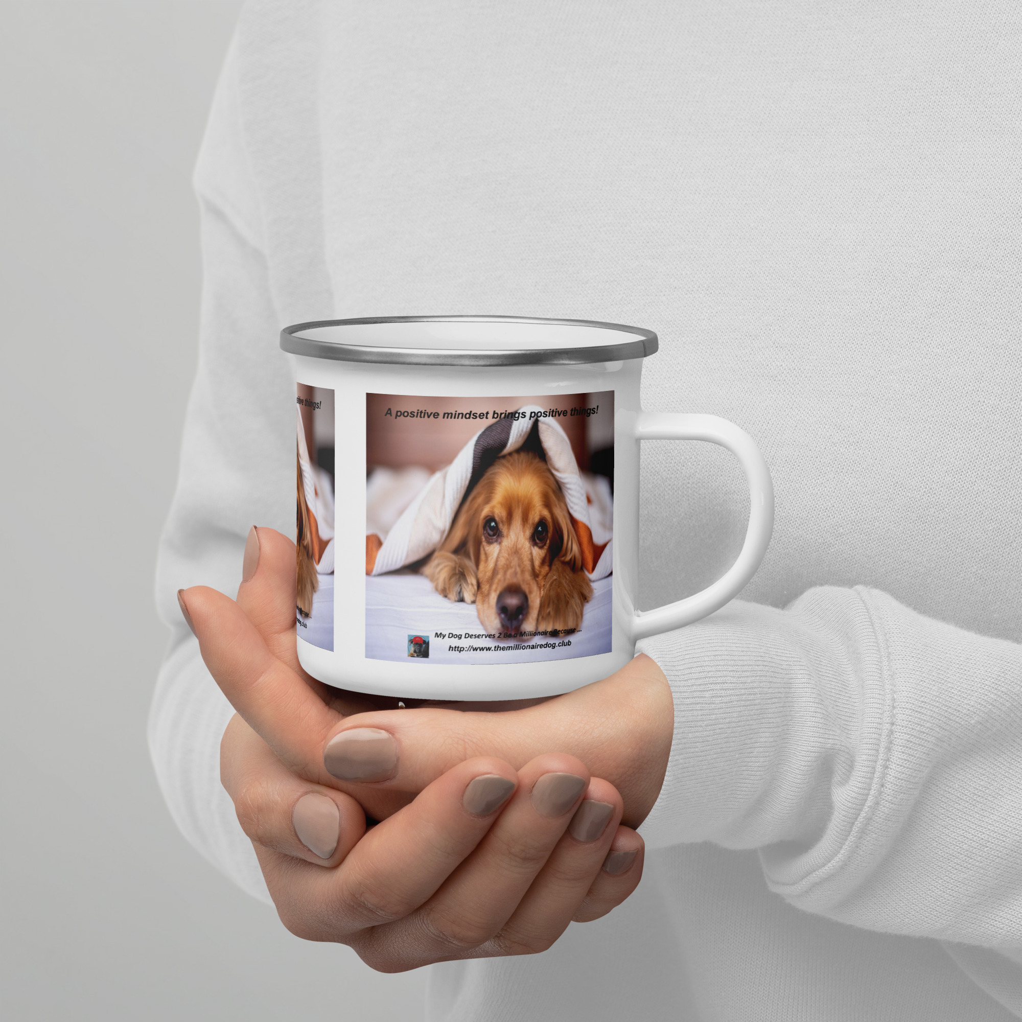 Tin Cup Watchdog #7 – "A Positive Mindset Brings Positive Things!" – Enamel Mug - Image 2