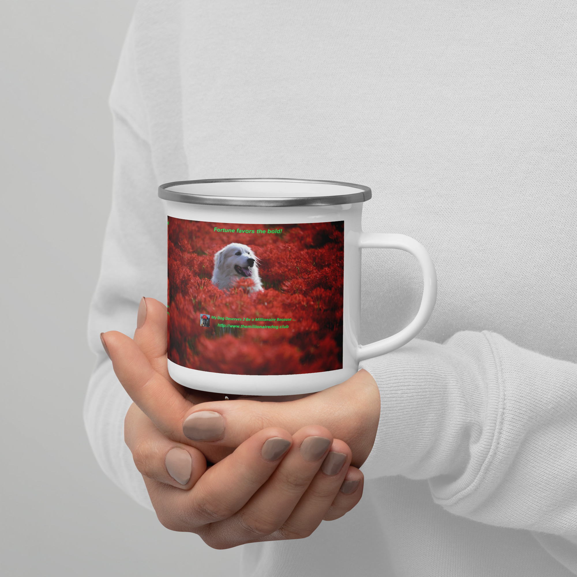 Tin Cup Watchdog #17 – "Fortune Favors the Bold!" – Enamel Mug - Image 2